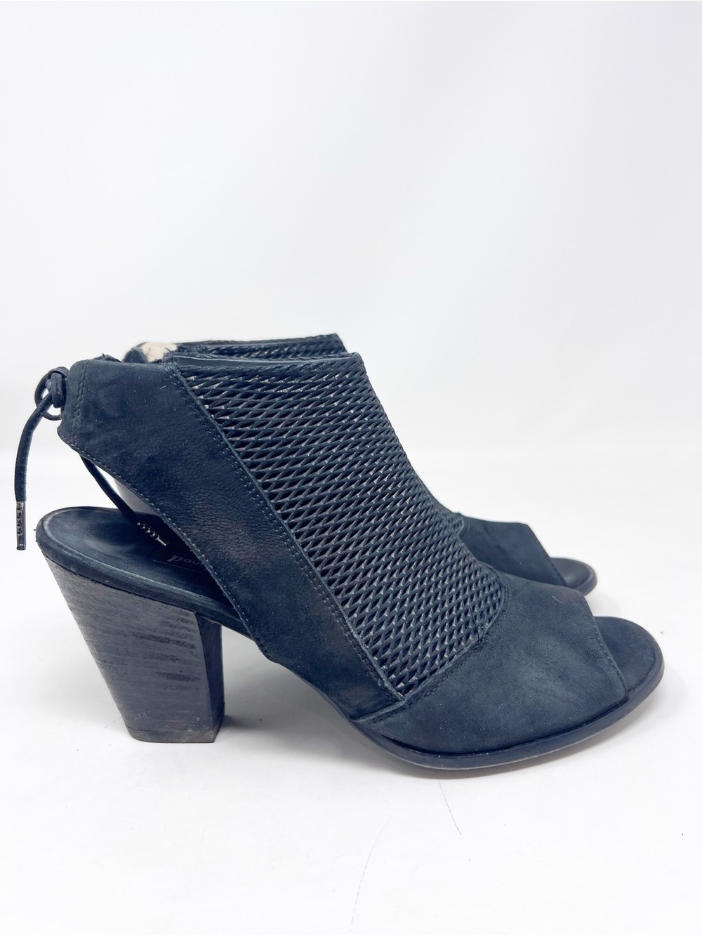 PAUL GREEN BLACK LEATHER SIDE ZIP PEEP TOE STACKED HEEL
BOOTIES WOMENS SZ 6/8.5